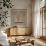 Coral Under Glass Newsprint II by Sue Schlabach. Shown in a natural wood frame in a cozy modern living room. Available as an archival giclee rolled canvas, fine art paper, or poster print. SKU 44732a.