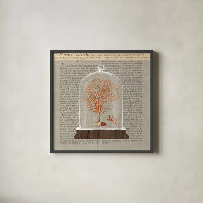 Coral Under Glass Newsprint III by Sue Schlabach. Shown in a sleek black glass frame for a contemporary gallery look. Available as an archival giclee rolled canvas, fine art paper, or poster print. SKU 44733a.