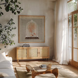 Coral Under Glass Newsprint III by Sue Schlabach. Shown in a natural wood frame in a cozy modern living room. Available as an archival giclee rolled canvas, fine art paper, or poster print. SKU 44733a.