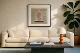 Coral Under Glass Newsprint III by Sue Schlabach. Displayed in a glass frame with matte in a clean modern living room. Available as an archival giclee rolled canvas, fine art paper, or poster print. SKU 44733a.