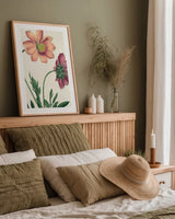 Cosmos Botany No Words by Sue Schlabach. shown as a paper print in a natural frame. Available as a archival giclee rolled canvas, fine art paper, or poster print. SKU 47518h.