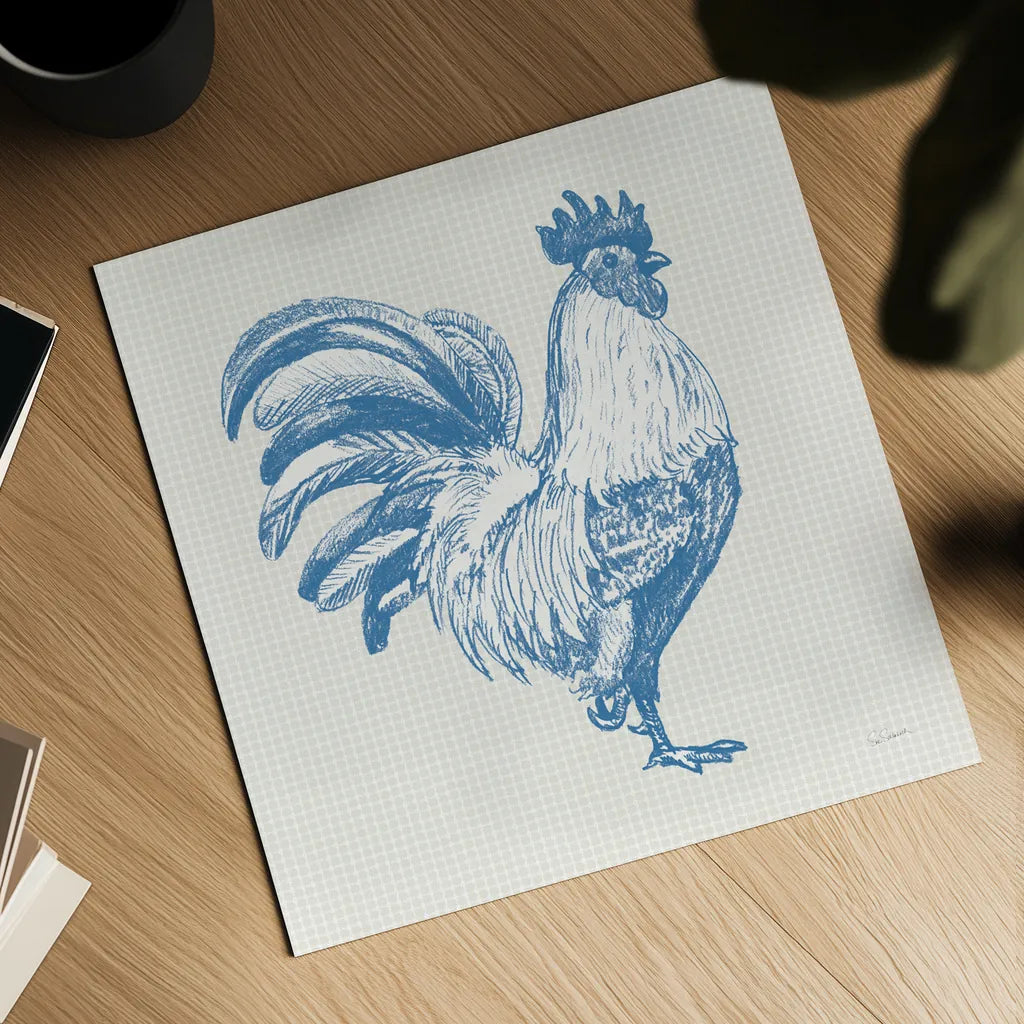 Cottage Rooster I by Sue Schlabach. Shown as a detailed flat fine art print, highlighting archival giclee quality. Available as an archival giclee rolled canvas, fine art paper, or poster print. SKU 75701a.