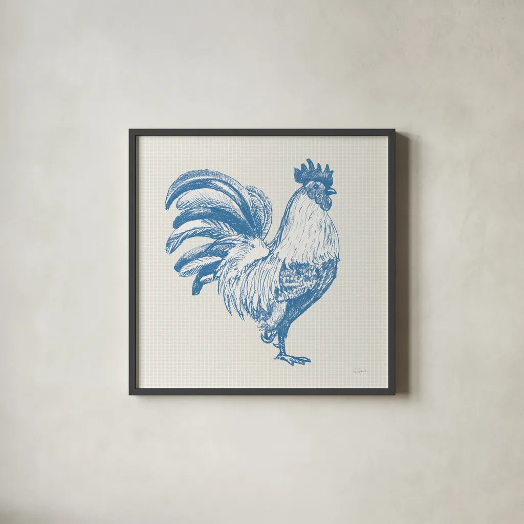 Cottage Rooster I by Sue Schlabach. Shown in a sleek black glass frame for a contemporary gallery look. Available as an archival giclee rolled canvas, fine art paper, or poster print. SKU 75701a.