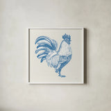 Cottage Rooster I by Sue Schlabach. Shown in a crisp white glass frame for a clean and minimalist style. Available as an archival giclee rolled canvas, fine art paper, or poster print. SKU 75701a.