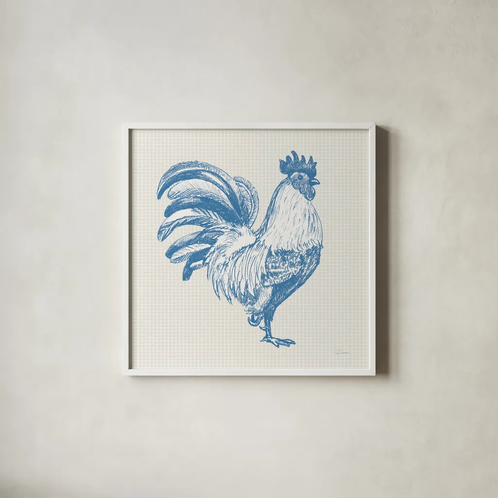 Cottage Rooster I by Sue Schlabach. Shown in a crisp white glass frame for a clean and minimalist style. Available as an archival giclee rolled canvas, fine art paper, or poster print. SKU 75701a.