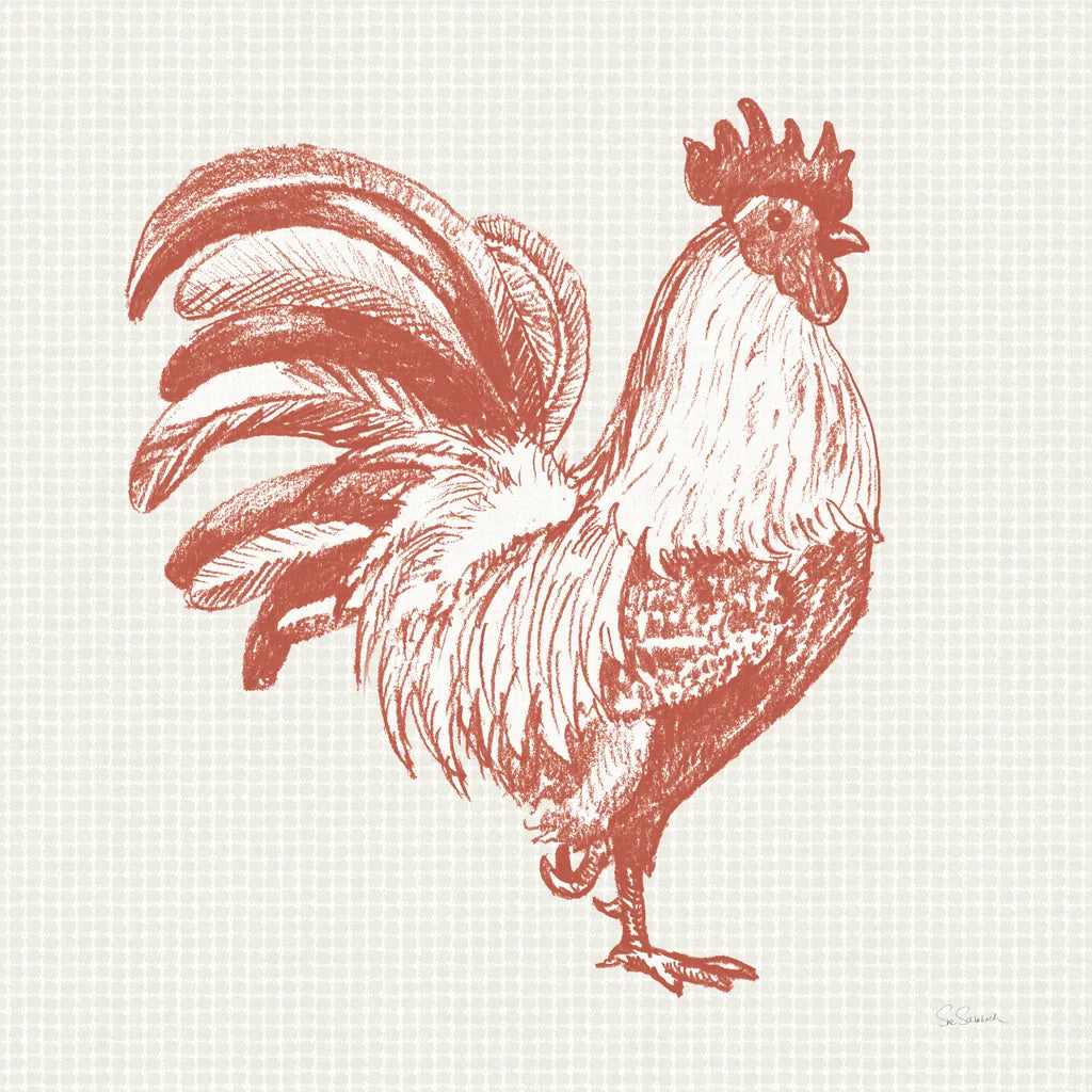 Cottage Rooster I Red by Sue Schlabach. SKU 77416a. Archival Giclee Fine art print for wall decor.