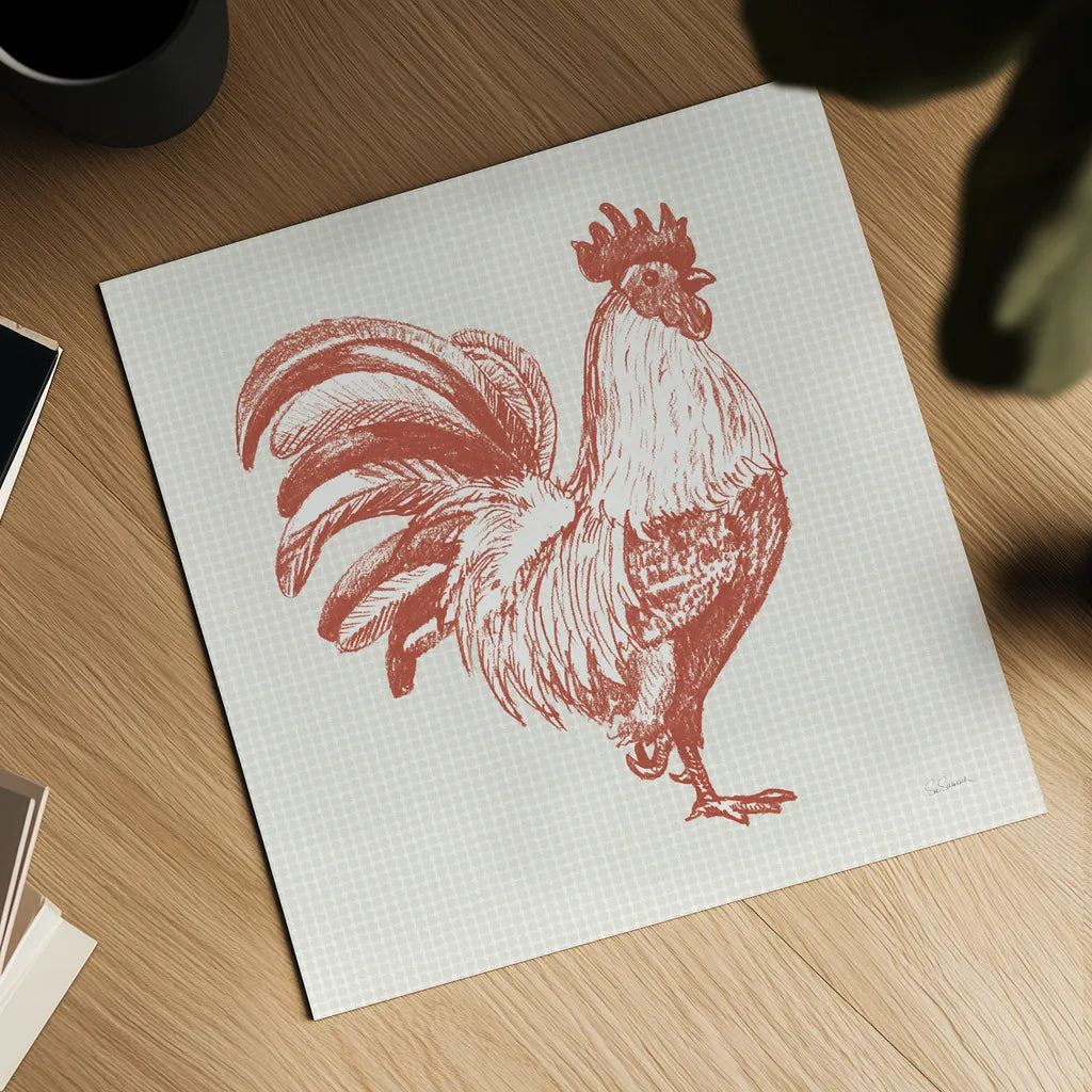 Cottage Rooster I Red by Sue Schlabach. Shown as a detailed flat fine art print, highlighting archival giclee quality. Available as an archival giclee rolled canvas, fine art paper, or poster print. SKU 77416a.