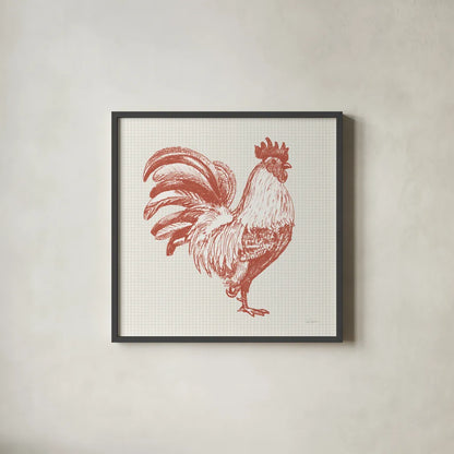 Cottage Rooster I Red by Sue Schlabach. Shown in a sleek black glass frame for a contemporary gallery look. Available as an archival giclee rolled canvas, fine art paper, or poster print. SKU 77416a.