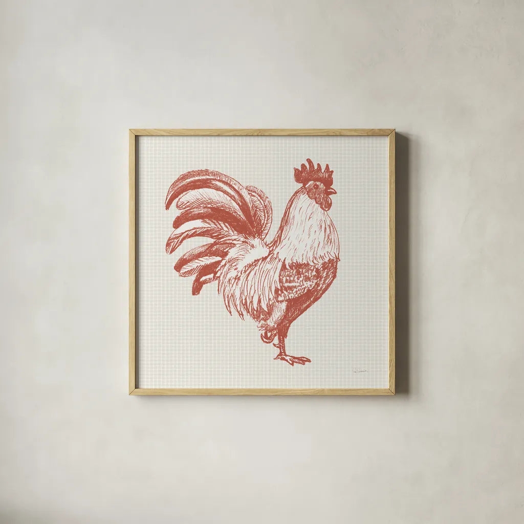 Cottage Rooster I Red by Sue Schlabach. Shown in a natural wood glass frame for a timeless modern aesthetic. Available as an archival giclee rolled canvas, fine art paper, or poster print. SKU 77416a.