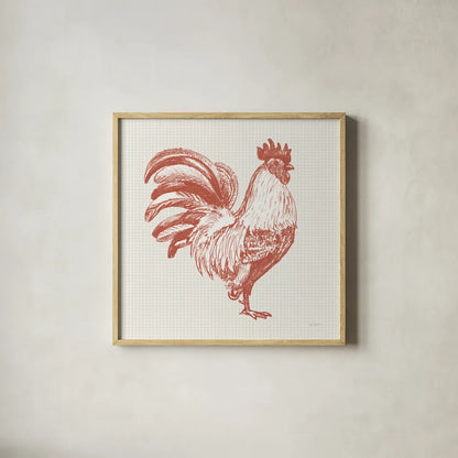 Cottage Rooster I Red by Sue Schlabach. Shown in a natural wood glass frame for a timeless modern aesthetic. Available as an archival giclee rolled canvas, fine art paper, or poster print. SKU 77416a.