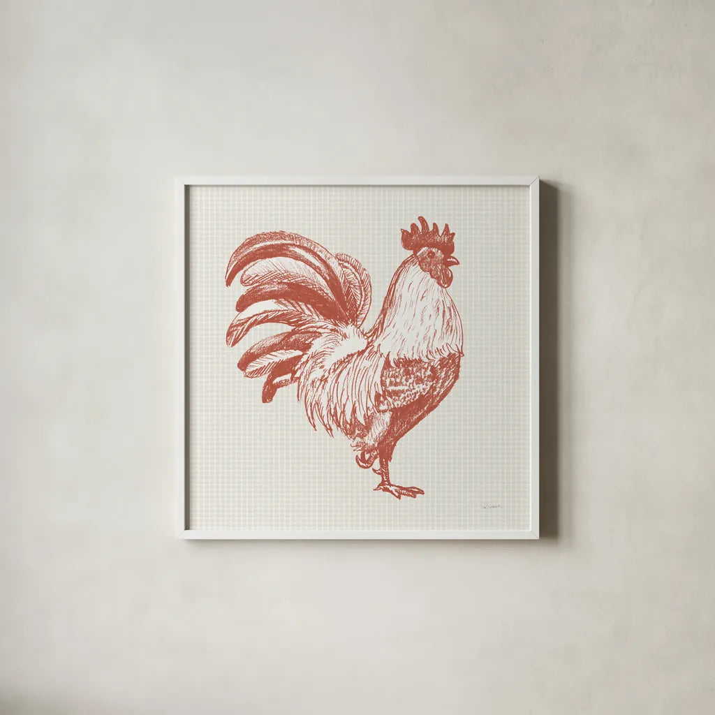 Cottage Rooster I Red by Sue Schlabach. Shown in a crisp white glass frame for a clean and minimalist style. Available as an archival giclee rolled canvas, fine art paper, or poster print. SKU 77416a.