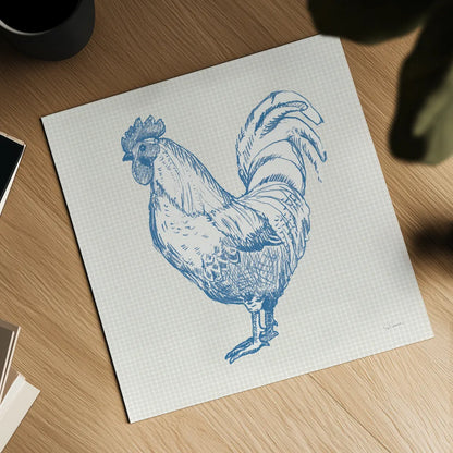 Cottage Rooster II by Sue Schlabach. Shown as a detailed flat fine art print, highlighting archival giclee quality. Available as an archival giclee rolled canvas, fine art paper, or poster print. SKU 75702a.