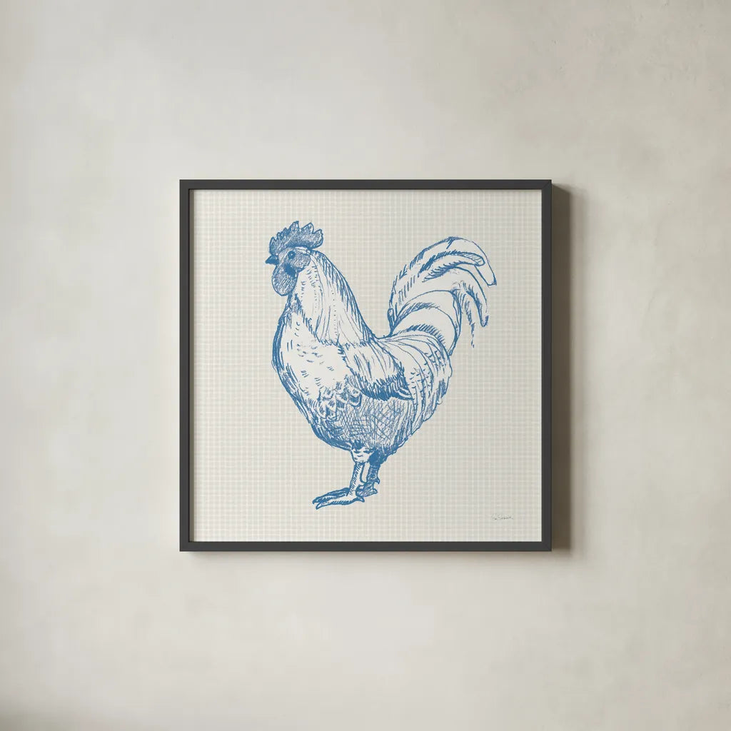 Cottage Rooster II by Sue Schlabach. Shown in a sleek black glass frame for a contemporary gallery look. Available as an archival giclee rolled canvas, fine art paper, or poster print. SKU 75702a.