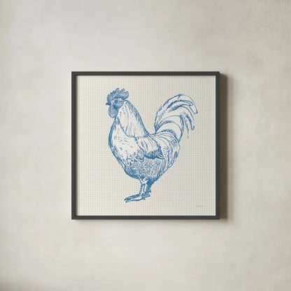 Cottage Rooster II by Sue Schlabach. Shown in a sleek black glass frame for a contemporary gallery look. Available as an archival giclee rolled canvas, fine art paper, or poster print. SKU 75702a.