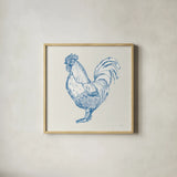 Cottage Rooster II by Sue Schlabach. Shown in a natural wood glass frame for a timeless modern aesthetic. Available as an archival giclee rolled canvas, fine art paper, or poster print. SKU 75702a.