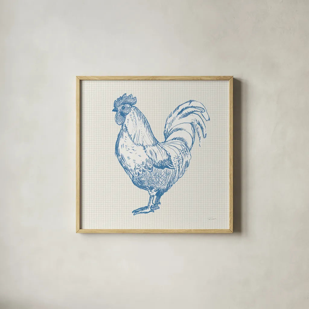 Cottage Rooster II by Sue Schlabach. Shown in a natural wood glass frame for a timeless modern aesthetic. Available as an archival giclee rolled canvas, fine art paper, or poster print. SKU 75702a.