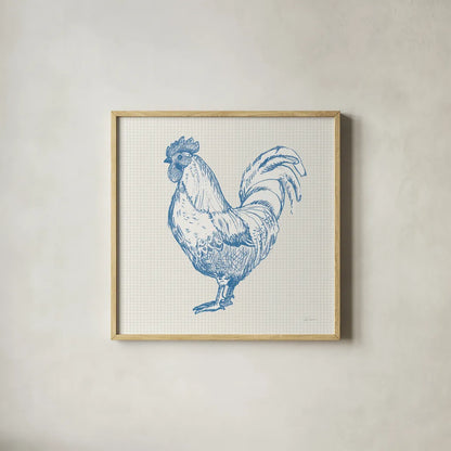 Cottage Rooster II by Sue Schlabach. Shown in a natural wood glass frame for a timeless modern aesthetic. Available as an archival giclee rolled canvas, fine art paper, or poster print. SKU 75702a.