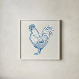 Cottage Rooster II by Sue Schlabach. Shown in a crisp white glass frame for a clean and minimalist style. Available as an archival giclee rolled canvas, fine art paper, or poster print. SKU 75702a.