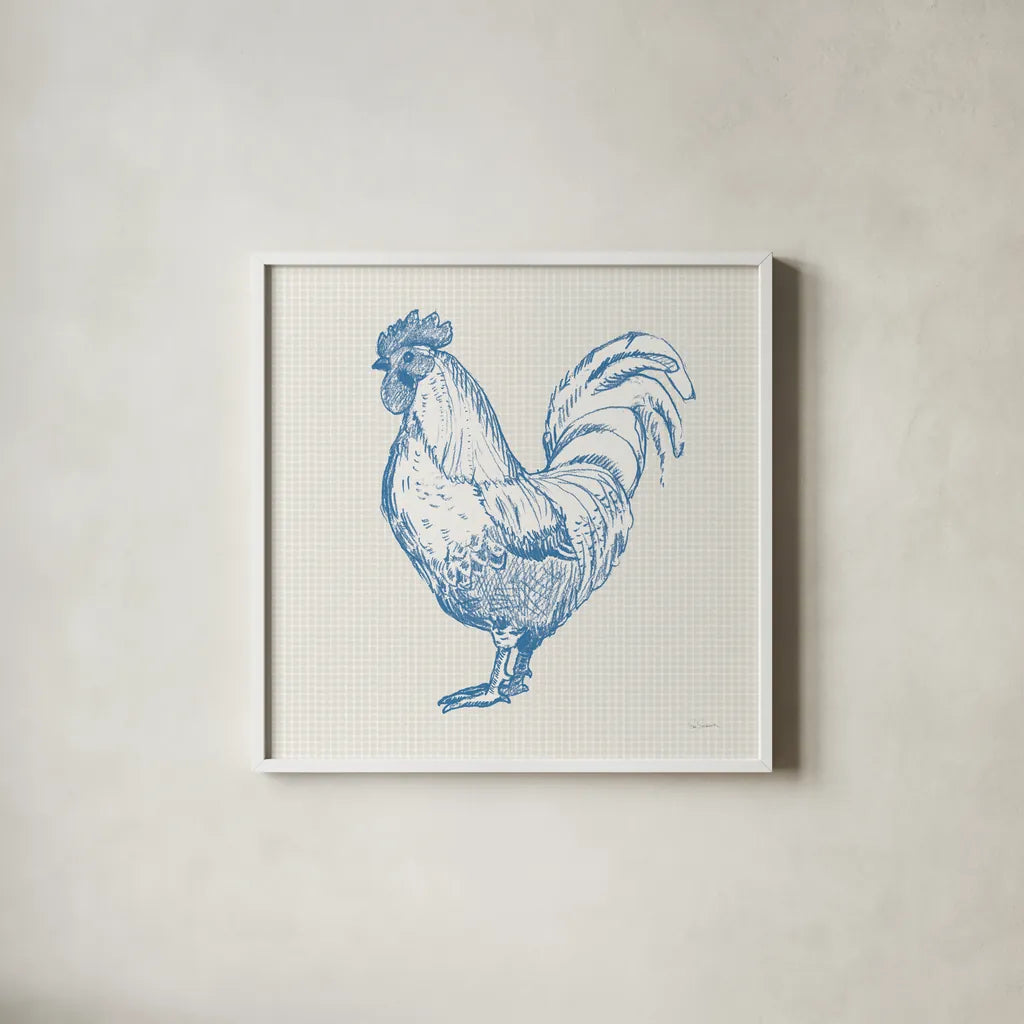 Cottage Rooster II by Sue Schlabach. Shown in a crisp white glass frame for a clean and minimalist style. Available as an archival giclee rolled canvas, fine art paper, or poster print. SKU 75702a.