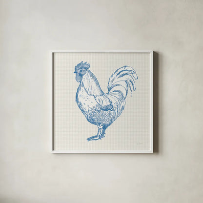 Cottage Rooster II by Sue Schlabach. Shown in a crisp white glass frame for a clean and minimalist style. Available as an archival giclee rolled canvas, fine art paper, or poster print. SKU 75702a.