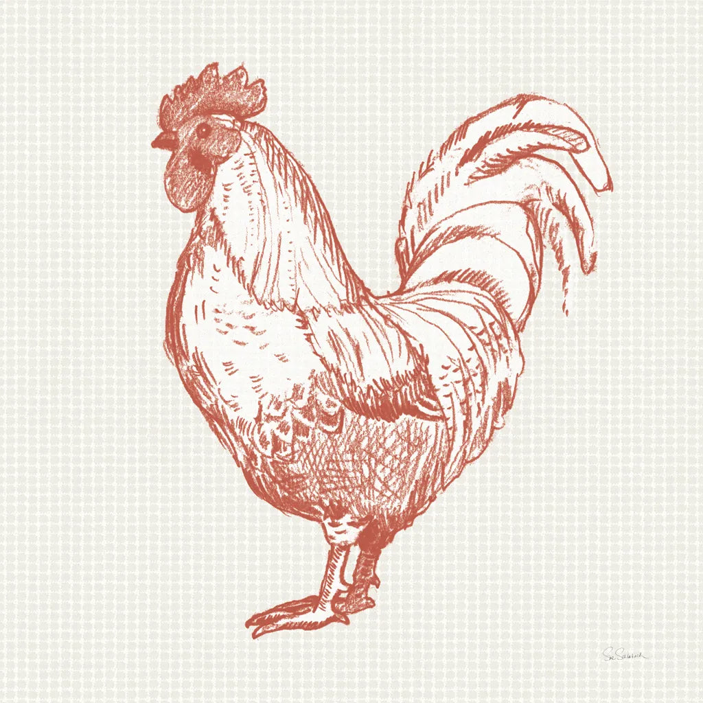 Cottage Rooster II Red by Sue Schlabach. SKU 77417a. Archival Giclee Fine art print for wall decor.