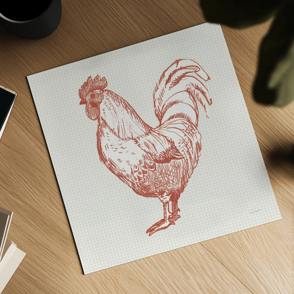 Cottage Rooster II Red by Sue Schlabach. Shown as a detailed flat fine art print, highlighting archival giclee quality. Available as an archival giclee rolled canvas, fine art paper, or poster print. SKU 77417a.