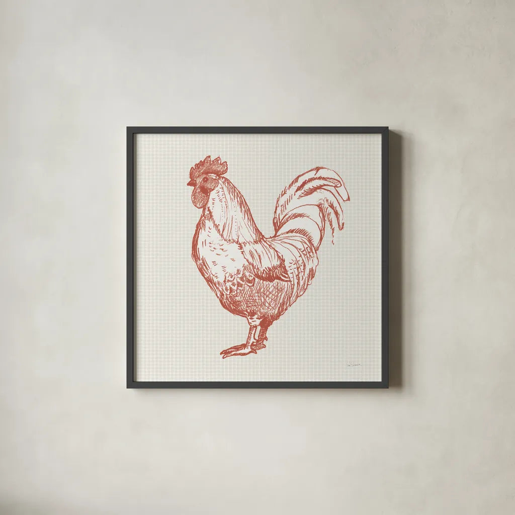 Cottage Rooster II Red by Sue Schlabach. Shown in a sleek black glass frame for a contemporary gallery look. Available as an archival giclee rolled canvas, fine art paper, or poster print. SKU 77417a.