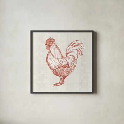 Cottage Rooster II Red by Sue Schlabach. Shown in a sleek black glass frame for a contemporary gallery look. Available as an archival giclee rolled canvas, fine art paper, or poster print. SKU 77417a.