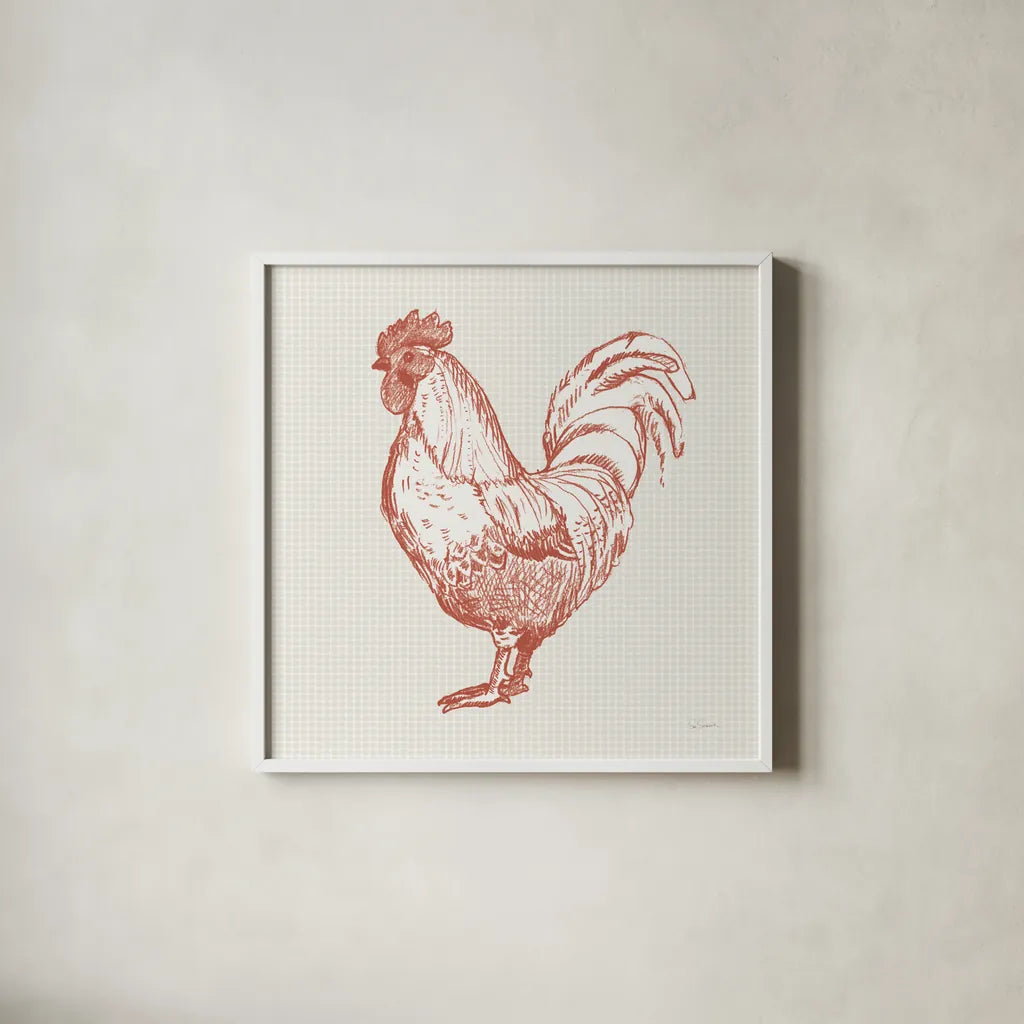 Cottage Rooster II Red by Sue Schlabach. Shown in a crisp white glass frame for a clean and minimalist style. Available as an archival giclee rolled canvas, fine art paper, or poster print. SKU 77417a.