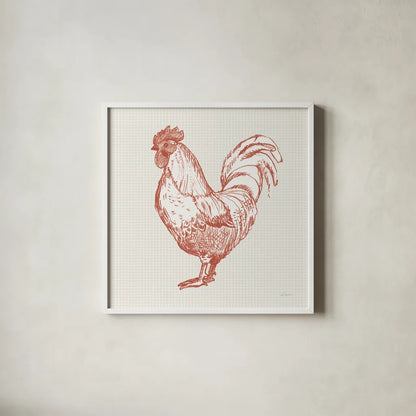 Cottage Rooster II Red by Sue Schlabach. Shown in a crisp white glass frame for a clean and minimalist style. Available as an archival giclee rolled canvas, fine art paper, or poster print. SKU 77417a.