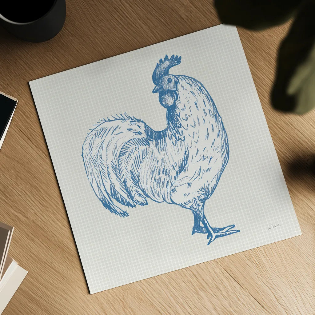 Cottage Rooster III by Sue Schlabach. Shown as a detailed flat fine art print, highlighting archival giclee quality. Available as an archival giclee rolled canvas, fine art paper, or poster print. SKU 75703a.