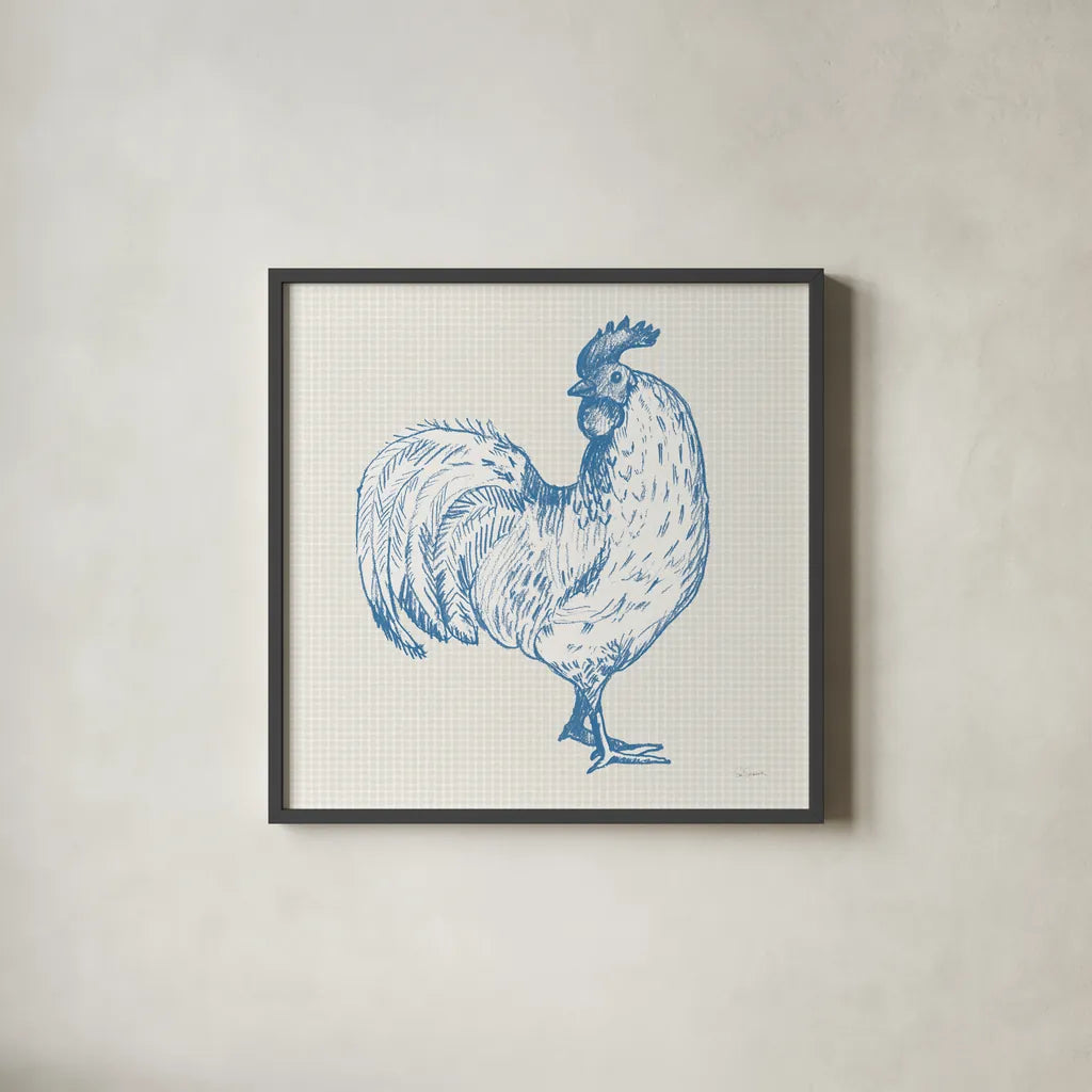 Cottage Rooster III by Sue Schlabach. Shown in a sleek black glass frame for a contemporary gallery look. Available as an archival giclee rolled canvas, fine art paper, or poster print. SKU 75703a.