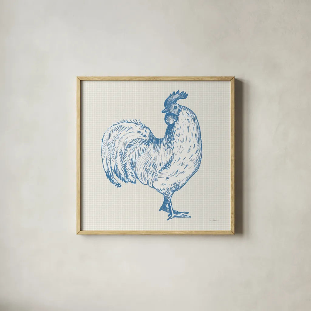 Cottage Rooster III by Sue Schlabach. Shown in a natural wood glass frame for a timeless modern aesthetic. Available as an archival giclee rolled canvas, fine art paper, or poster print. SKU 75703a.