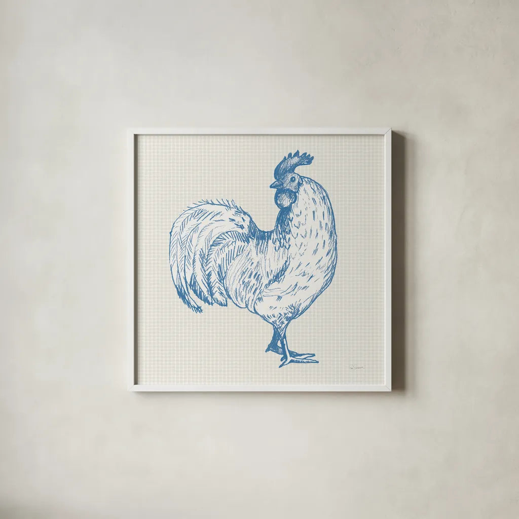 Cottage Rooster III by Sue Schlabach. Shown in a crisp white glass frame for a clean and minimalist style. Available as an archival giclee rolled canvas, fine art paper, or poster print. SKU 75703a.