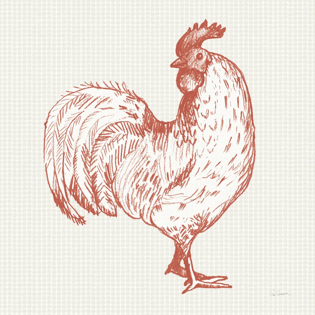 Cottage Rooster III Red by Sue Schlabach. SKU 77418a. Archival Giclee Fine art print for wall decor.