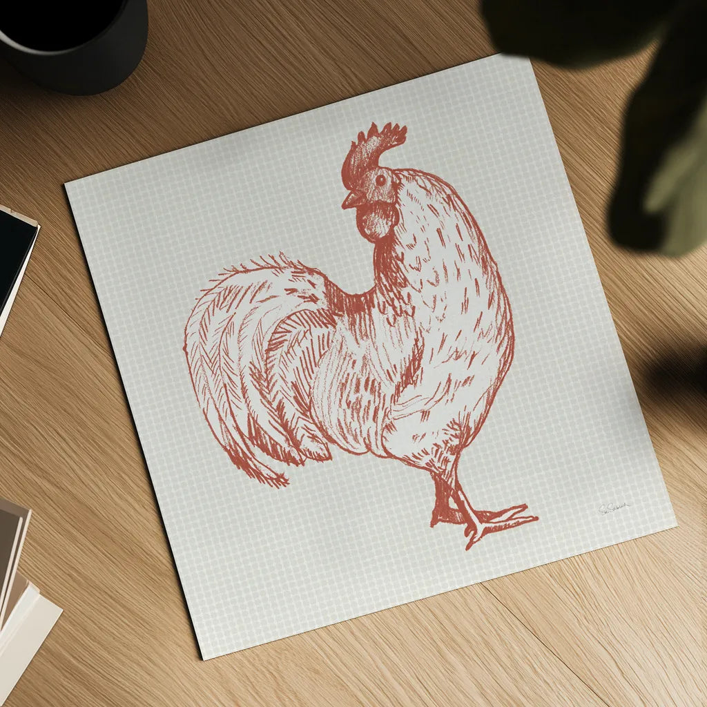 Cottage Rooster III Red by Sue Schlabach. Shown as a detailed flat fine art print, highlighting archival giclee quality. Available as an archival giclee rolled canvas, fine art paper, or poster print. SKU 77418a.