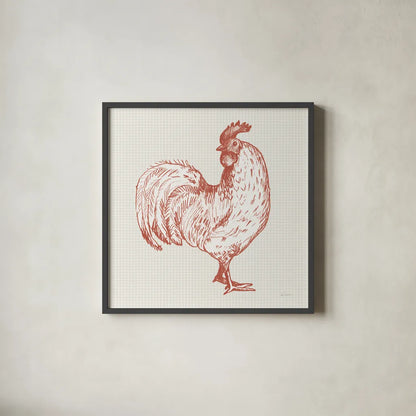 Cottage Rooster III Red by Sue Schlabach. Shown in a sleek black glass frame for a contemporary gallery look. Available as an archival giclee rolled canvas, fine art paper, or poster print. SKU 77418a.