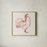 Cottage Rooster III Red by Sue Schlabach. Shown in a natural wood glass frame for a timeless modern aesthetic. Available as an archival giclee rolled canvas, fine art paper, or poster print. SKU 77418a.