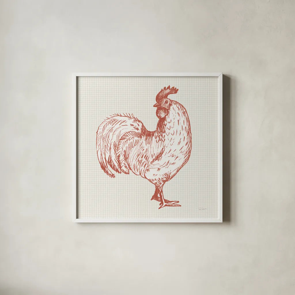 Cottage Rooster III Red by Sue Schlabach. Shown in a crisp white glass frame for a clean and minimalist style. Available as an archival giclee rolled canvas, fine art paper, or poster print. SKU 77418a.