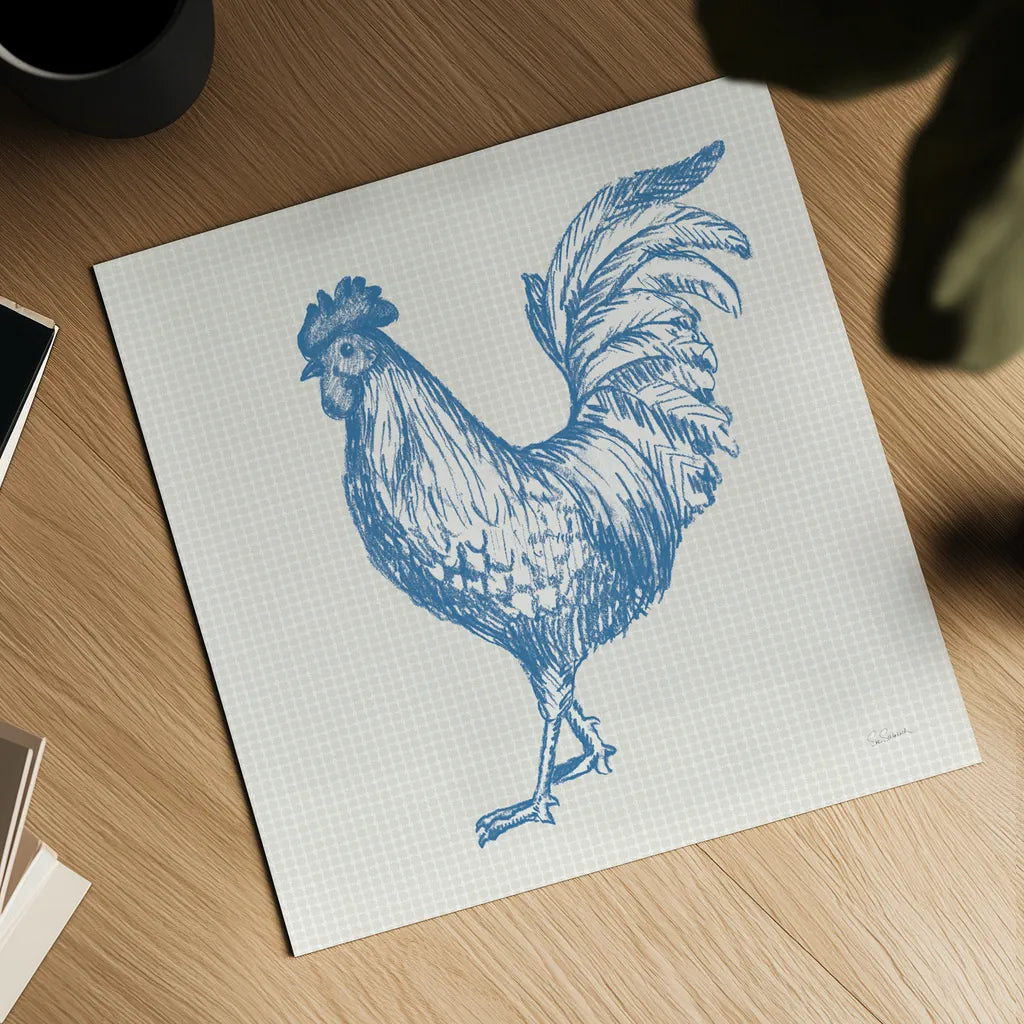 Cottage Rooster IV by Sue Schlabach. Shown as a detailed flat fine art print, highlighting archival giclee quality. Available as an archival giclee rolled canvas, fine art paper, or poster print. SKU 75704a.