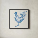 Cottage Rooster IV by Sue Schlabach. Shown in a sleek black glass frame for a contemporary gallery look. Available as an archival giclee rolled canvas, fine art paper, or poster print. SKU 75704a.