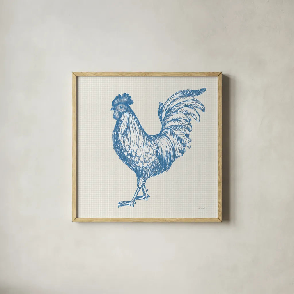 Cottage Rooster IV by Sue Schlabach. Shown in a natural wood glass frame for a timeless modern aesthetic. Available as an archival giclee rolled canvas, fine art paper, or poster print. SKU 75704a.