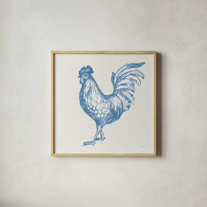 Cottage Rooster IV by Sue Schlabach. Shown in a natural wood glass frame for a timeless modern aesthetic. Available as an archival giclee rolled canvas, fine art paper, or poster print. SKU 75704a.