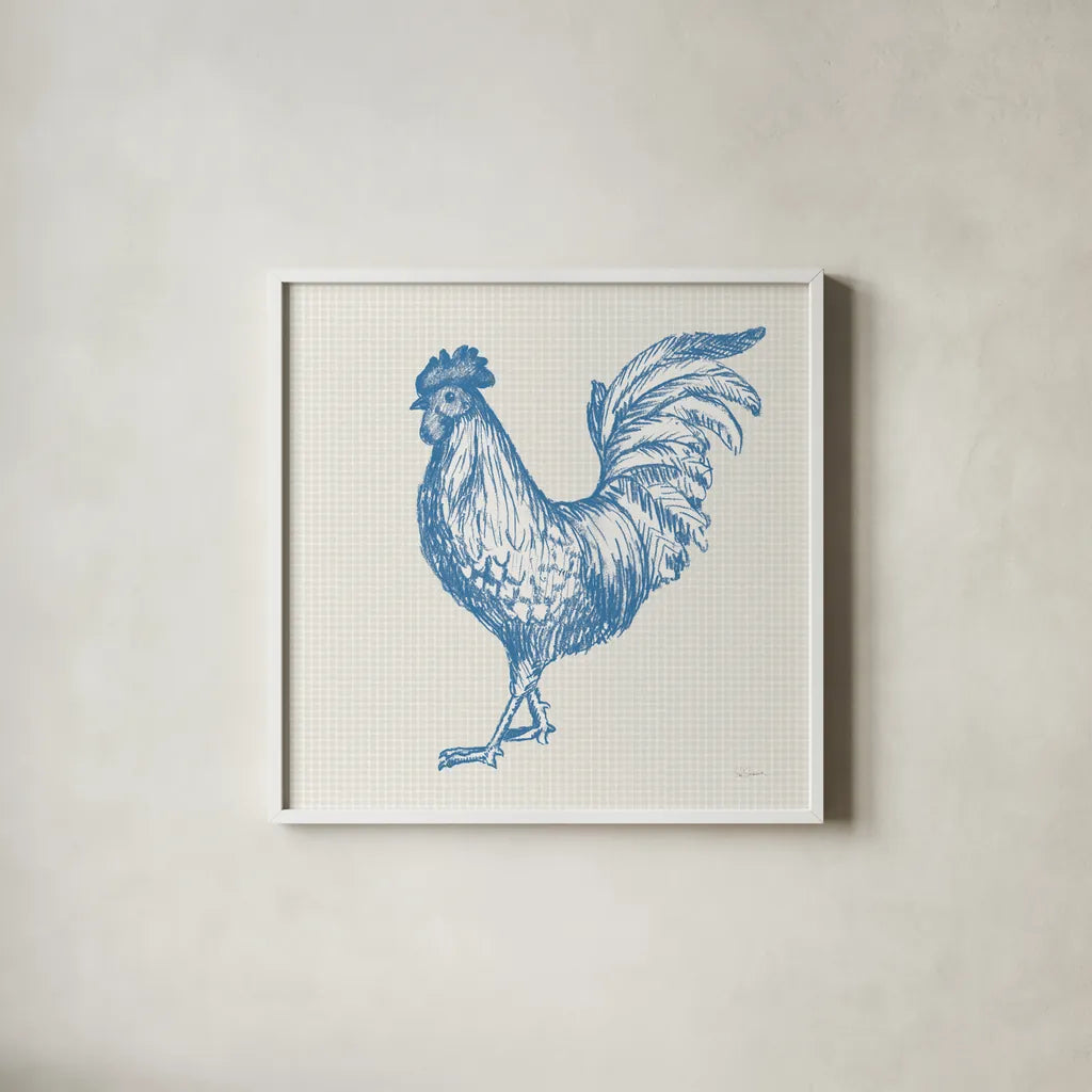 Cottage Rooster IV by Sue Schlabach. Shown in a crisp white glass frame for a clean and minimalist style. Available as an archival giclee rolled canvas, fine art paper, or poster print. SKU 75704a.