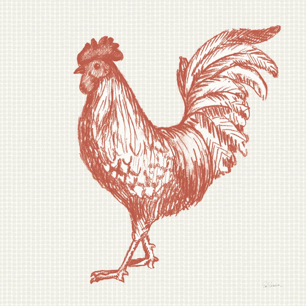 Cottage Rooster IV Red by Sue Schlabach. SKU 77419a. Archival Giclee Fine art print for wall decor.
