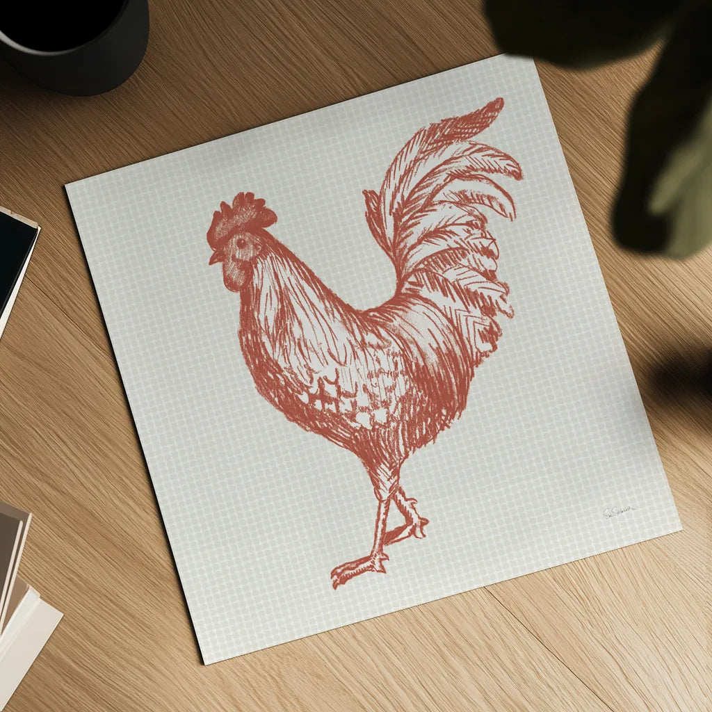 Cottage Rooster IV Red by Sue Schlabach. Shown as a detailed flat fine art print, highlighting archival giclee quality. Available as an archival giclee rolled canvas, fine art paper, or poster print. SKU 77419a.