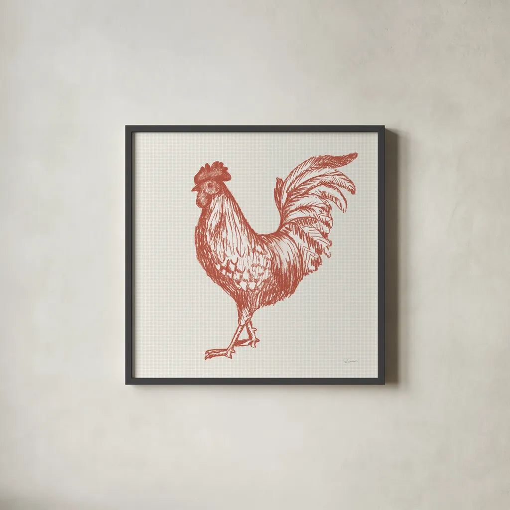 Cottage Rooster IV Red by Sue Schlabach. Shown in a sleek black glass frame for a contemporary gallery look. Available as an archival giclee rolled canvas, fine art paper, or poster print. SKU 77419a.