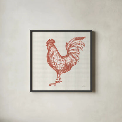 Cottage Rooster IV Red by Sue Schlabach. Shown in a sleek black glass frame for a contemporary gallery look. Available as an archival giclee rolled canvas, fine art paper, or poster print. SKU 77419a.