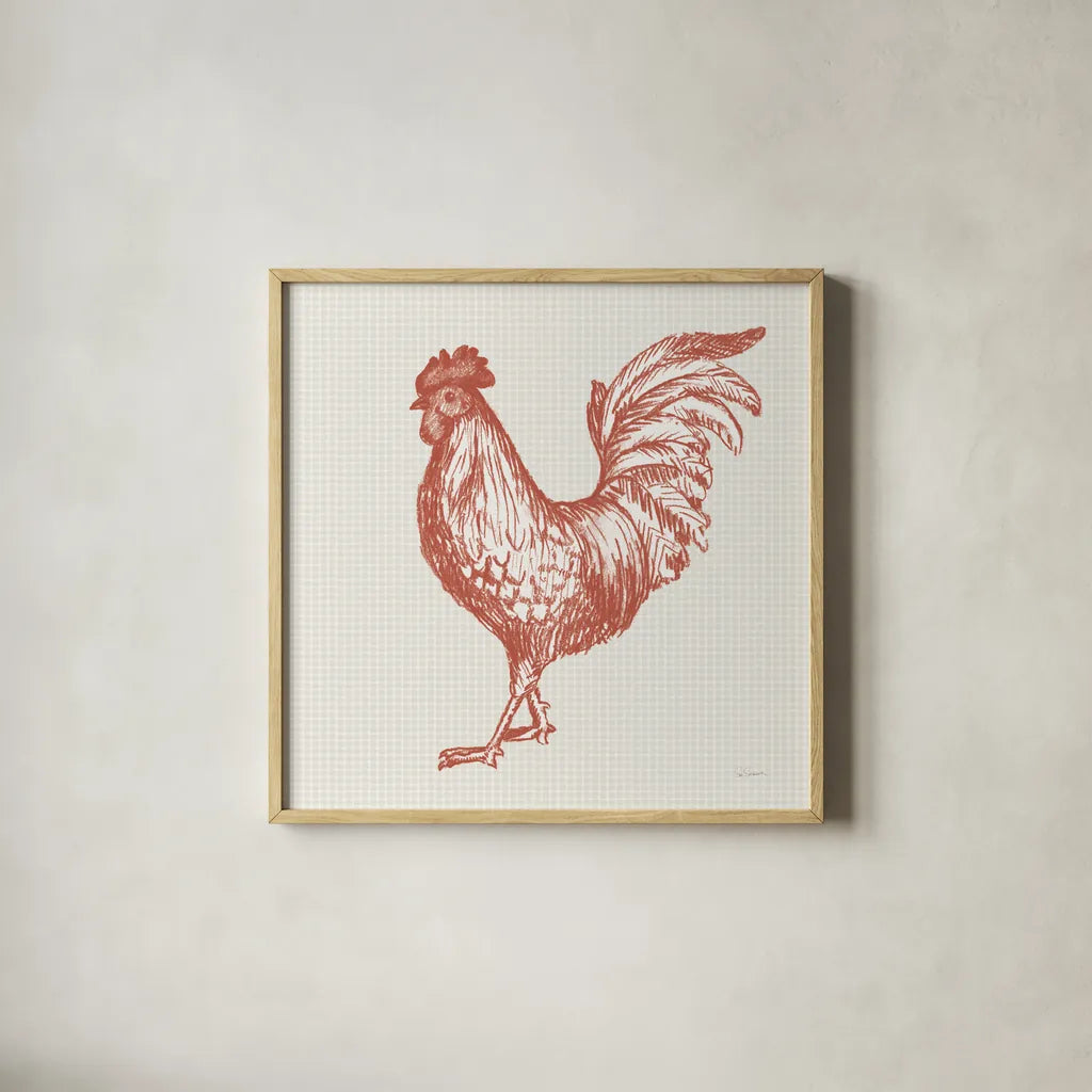 Cottage Rooster IV Red by Sue Schlabach. Shown in a natural wood glass frame for a timeless modern aesthetic. Available as an archival giclee rolled canvas, fine art paper, or poster print. SKU 77419a.