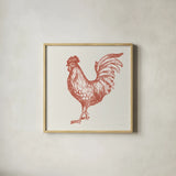 Cottage Rooster IV Red by Sue Schlabach. Shown in a natural wood glass frame for a timeless modern aesthetic. Available as an archival giclee rolled canvas, fine art paper, or poster print. SKU 77419a.